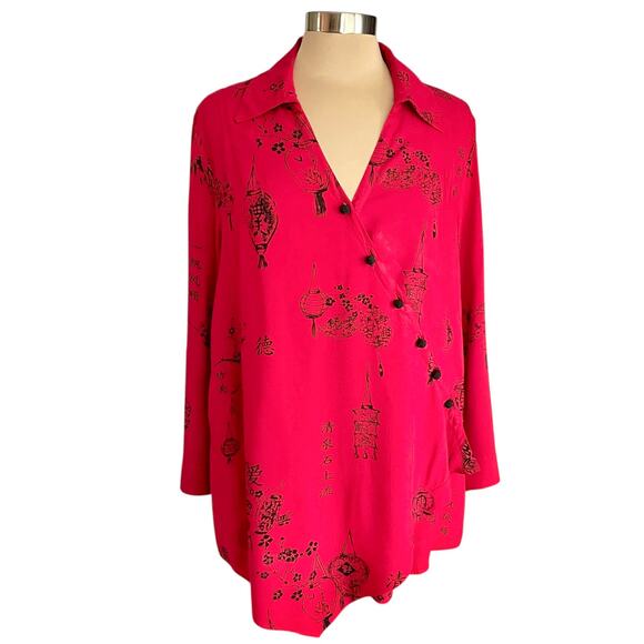 Soft Surroundings Pagoda Wrap Tunic Top Red Japanese Graphics Size PXL Asian - Picture 2 of 11